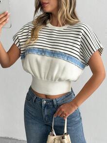 SHEIN Navy Stripe Short Sleeve Denim Jacquard Tshirt Sweater - Apricot - View 6