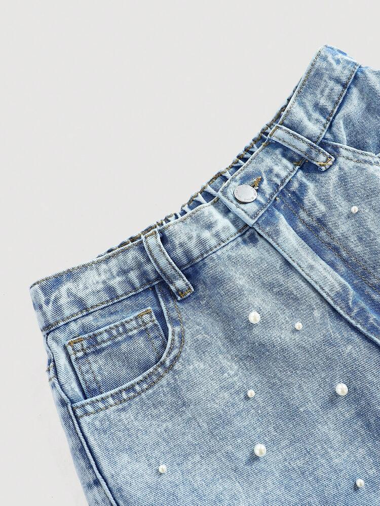 Short en jean bleu délavé ample avec perles blanches pour adolescentes - Jean clair - Voir 5