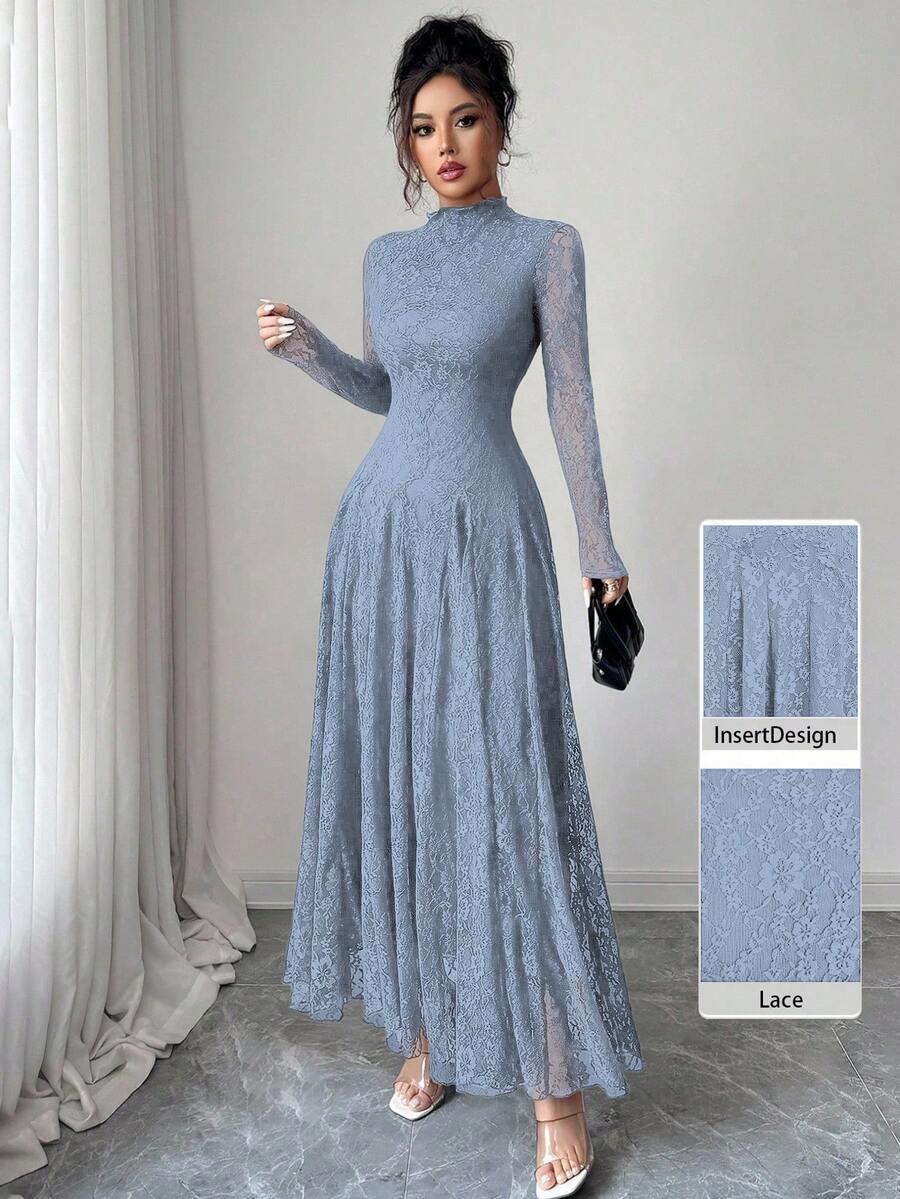 Modelyn Đầm ren màu đỏ rượu vang cổ cao, eo thắt eo dành cho nữ - Màu xanh bụi bặm - Xem 1