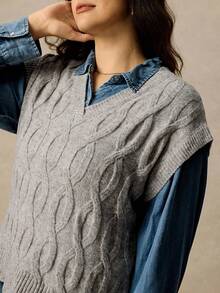 Juhart 大码女式扭绳V领休闲百搭针织背心，秋冬 - 卡其色 - 查看 5