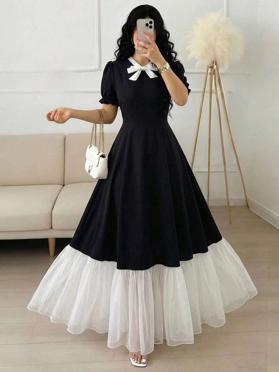 SHEIN Elenzya Square Neck Butterfly Print Ruffle Hem Mid-Length Dress, Suitable For Dates, Outings, Vacations, Holidays, Independence Day, Back To School, Teacher Outfits, Weddings, Parties, Music Festivals, Oktoberfest, Halloween, Thanksgiving And Other Occasions - Black - View 1