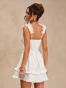 SHEIN BAE Pure White Backless Tie-Up Ruffle Hem Mini Dress, Lightweight Fitted White Dress, Women's Spring/Summer, Back To School, Graduation Season, Pure White, Wedding Guest Attire, Minimalist Elegant Sexy Dress, Graceful Dress, Wedding Guest Outfit, Vacation & Date Tea Party Dress For Women,Summer Dresses For Women - White - View 2
