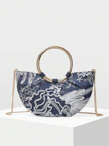 MOTF PREMIUM BOLSO DE MANO PARA MUJER, BOLSO DE TOTE SEMI-REDONDO CON BORDADO DELICADO - Azul Marino - Ver 6