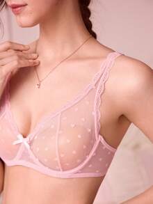 Bonmuse Women's Heart Mesh Contrast Lace Bow Decor Fashionable Bra - Pink - View 6