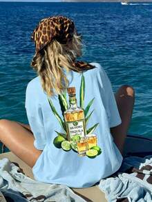 SHEIN EZwear 超大龙舌兰酒瓶和水果印花圆领短袖宽松T恤，适合女性穿着，可用于度假、毕业典礼、返校、海滩派对、泳池派对、海边等场合。 - 淺藍色 - 查看 1