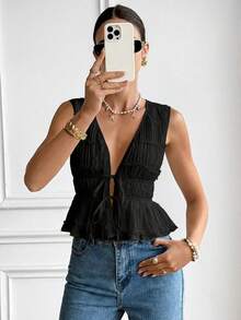 Serisse Women's Solid Color V-Neck Tie Front Casual Versatile Daily Wear Top,Summer Top - Black - View 4