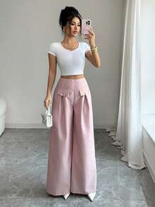 Elenzga Women's Pink Faux Pocket Design Elegant Wide Leg Pants For Commuting - Pink - View 7