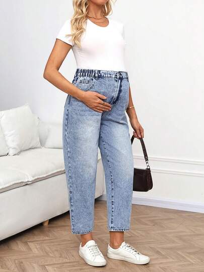 SHEIN Quần jeans nữ cạp cao, kiểu dáng thường ngày, màu xanh nhạt, chất liệu denim bạc màu, thích hợp mặc đi làm, đi nghỉ mát, tốt nghiệp, phong cách Y2K, dễ thương, đường phố, dự tiệc cưới, thanh lịch, công sở, đi biển, tốt nghiệp. Quần jeans nữ cạp cao, chất liệu denim bạc màu, eo chun, ống côn lửng, quần thường ngày, màu xanh nhạt, kiểu dáng rộng rãi, hiệu ứng rách, quần jeans thiết yếu hàng ngày.