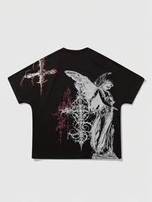 ROMWE MEN Goth Summer Casual Graphic Men'S Oversized Cross Graphic Print Short Sleeve T-Shirt, Casual Wear For Spring & Summer - Black - View 2