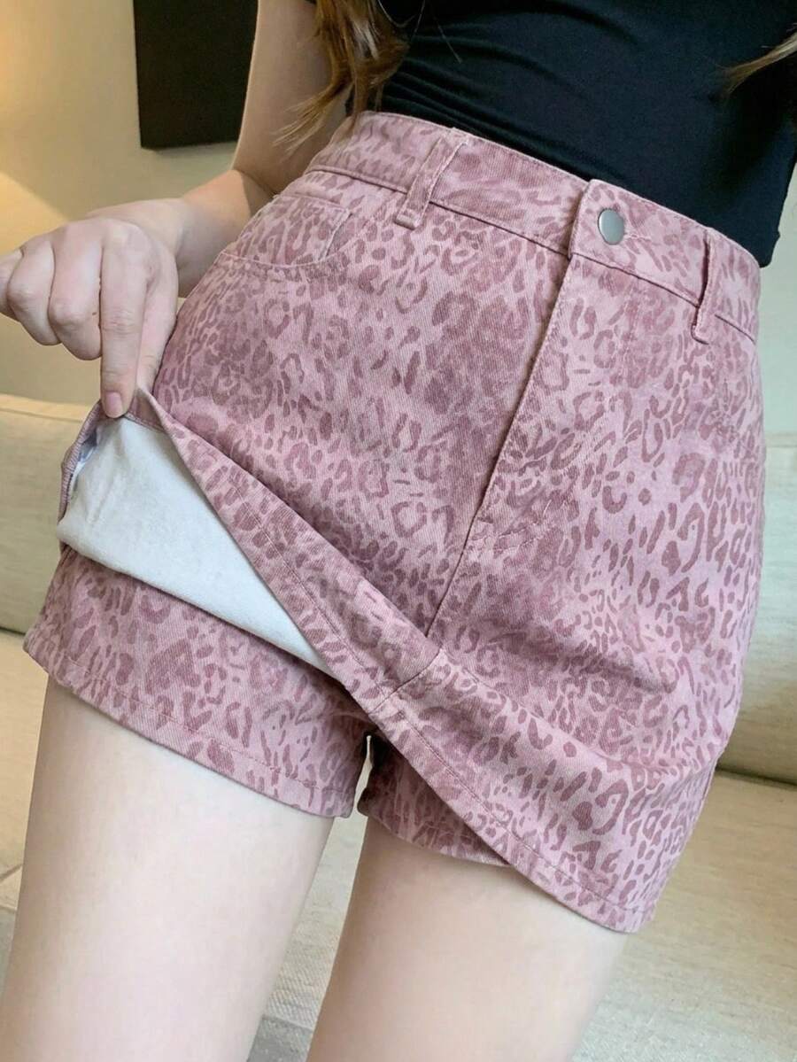 DAZY 女士休闲豹纹牛仔迷你裙，夏季 - 粉色 - 查看 1