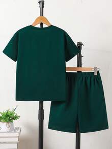 SHEIN 2pcs Tween Boy Crew Neck Graphic Tee And Shorts Casual Daily Outfit - Dark Green - View 2