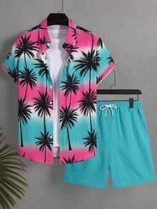 Manfinity Swimmode 男士加大码棕榈树印花短袖衬衫和短裤沙滩套装 - 彩色 - 查看 2