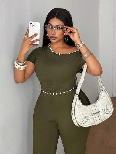 Maweii Women's Spring/Summer Shell Button Decor Asymmetrical Shoulder Short Sleeve T-Shirt & Loose Pants Set, Casual Commute Holiday Street Style Outfit, Petite Design Fashion New Must-Have, Plus Size, Elegant