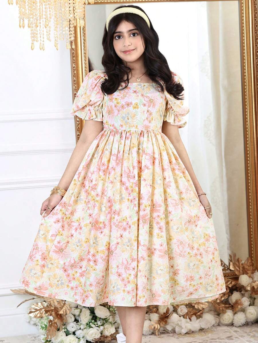 SHEIN Đầm hoa nhí thanh lịch cổ vuông tay phồng dành cho bé gái tuổi teen - Hồng - Xem 1