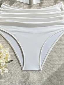 SHEIN Swim Women's Summer Beach Solid Color Ruffle Hem Tankini Swimsuit Set - Cream - View 4