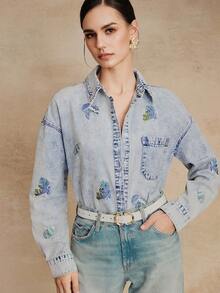 Anewsta 新款时尚重工刺绣海鲜图案蓝色牛仔衬衫，女士款 - 藍色 - 查看 7