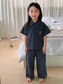 Dazy Kids 女童格紋短袖長褲睡衣套裝，春夏季 - 藏蓝色 - 查看 5