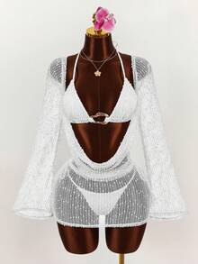 Amplova Bộ bikini hai mảnh gợi cảm dành cho nữ - gồm áo, quần và áo khoác ngoài. - trắng - Xem 8
