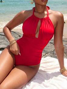 Vaytide 抽褶繞頸連體泳裝 - 紅色 - 查看 3