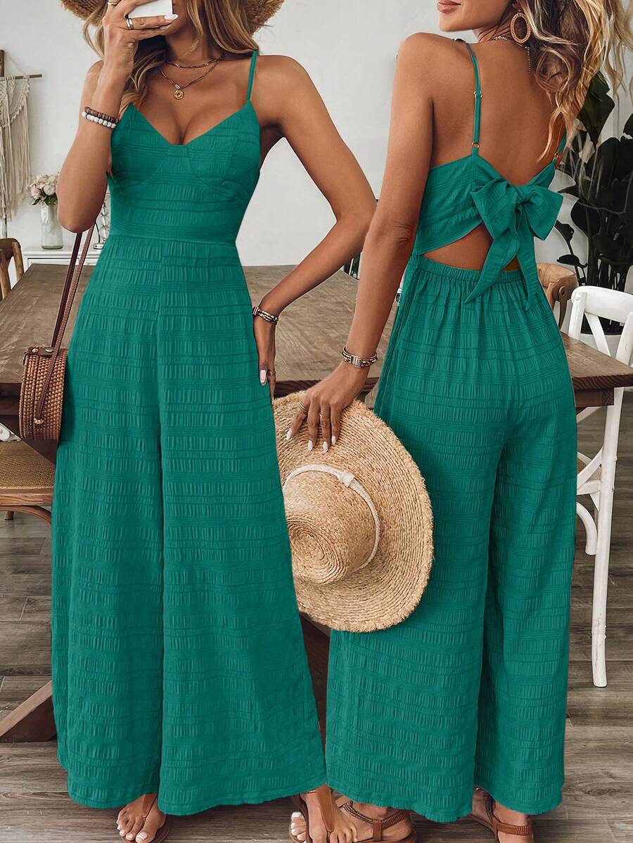 Breezaya Mono de mujer con cuello en V, espalda descubierta y tirantes con lazo, color rosa rojo, para primavera/verano - Verde Oscuro - Ver 1