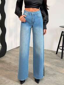 EURMUSE Hög midja, vida ben, sidoslits, strass-denimjeans - Mediumtvätt - Visa 4