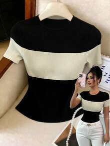 Elenzga Women's Contrast Color Round Neck Short Sleeve Casual Ribbed T-Shirt - Multicolor - View 3