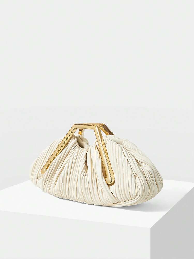 LADIES' ELEGANT PLEATED HANDBAG WITH EXQUISITE HARDWARE HANDLES