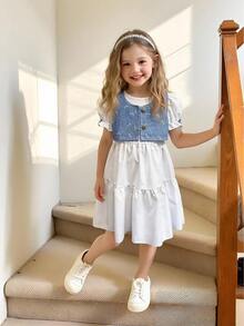 Genkimix Kids Letni, nowy, swobodny, dwuczęściowy komplet dla młodej dziewczyny, tkana, okrągła, kokardkowa sukienka z bufiastymi rękawami w kształcie litery A + kamizelka z nadrukiem w kokardę z dżinsu, odpowiedni na co dzień, na imprezę i w podróż - Jasny jeans - Zobacz 3