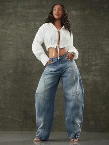 Denimoi Quần jeans nữ ống rộng dáng suông, đa năng, có túi. - Rửa trung bình - Xem 4