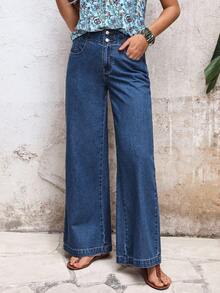 EMERY ROSE Women's Pocket Button Casual Versatile Daily Wear Wide Leg Jeans - Blue - View 5