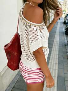 EMERY ROSE Women's Solid Color Asymmetrical Shoulder Hollow-Out Short Sleeve Fashionable Knit Top - White - View 2