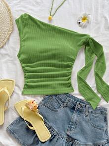 Soleia Vacation Sexy Asymmetrical Shoulder Tie Strap Flowy Fitted Light Yellow Top, Suitable For Party, Vacation, Music Festival, Bohemian, Holiday Date, Afternoon Tea - Green - View 3