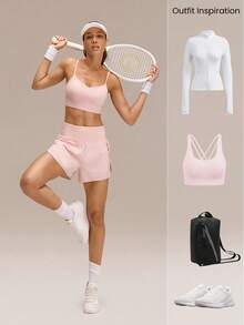 GLOWMODE 3'' VitalSwift Quick-Dry Set The Pace High Slit Adjustable Drawstring Waist Shorts With Built-In Shorts Side Pockets Non-Slip Grips Medium Impact Running Jogging Training Gym Workout - Pink - View 7