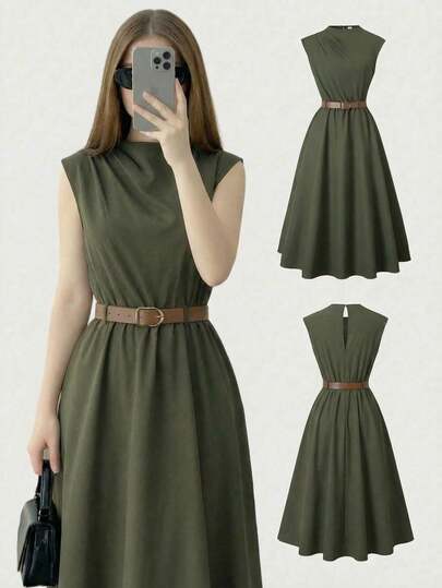 优雅通勤短袖收腰连衣裙，适合外出、聚会、派对等场合，尽显知性复古风情。收腰设计，可搭配腰带，专为年轻女性打造。