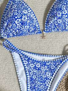 Swim Mod 2026新款女士夏季沙滩休闲度假碎花蓝色吊带金属星星吊坠露背性感高腰两件式比基尼泳衣 - 藍色 - 查看 3