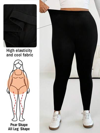 SHEIN Essnce Leggings negros ceñidos de uso diario, versátiles, cómodos y de alta elasticidad para mujeres de talla grande, ropa de primavera/verano, atuendos casuales, ropa de calle, pantalones para curvas, estilo sencillo