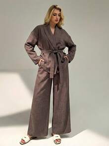 Auralis Plus Size Women's Solid Color Dolman Sleeve Shirt And Wide Leg Pants 2 Pieces Set - Coffee Brown - View 5