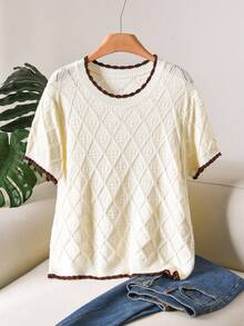 CosyJoli Plus Size Elegant French Casual Hollow-Out Knit Lightweight Color Block Pullover Top For Women - Apricot - View 1