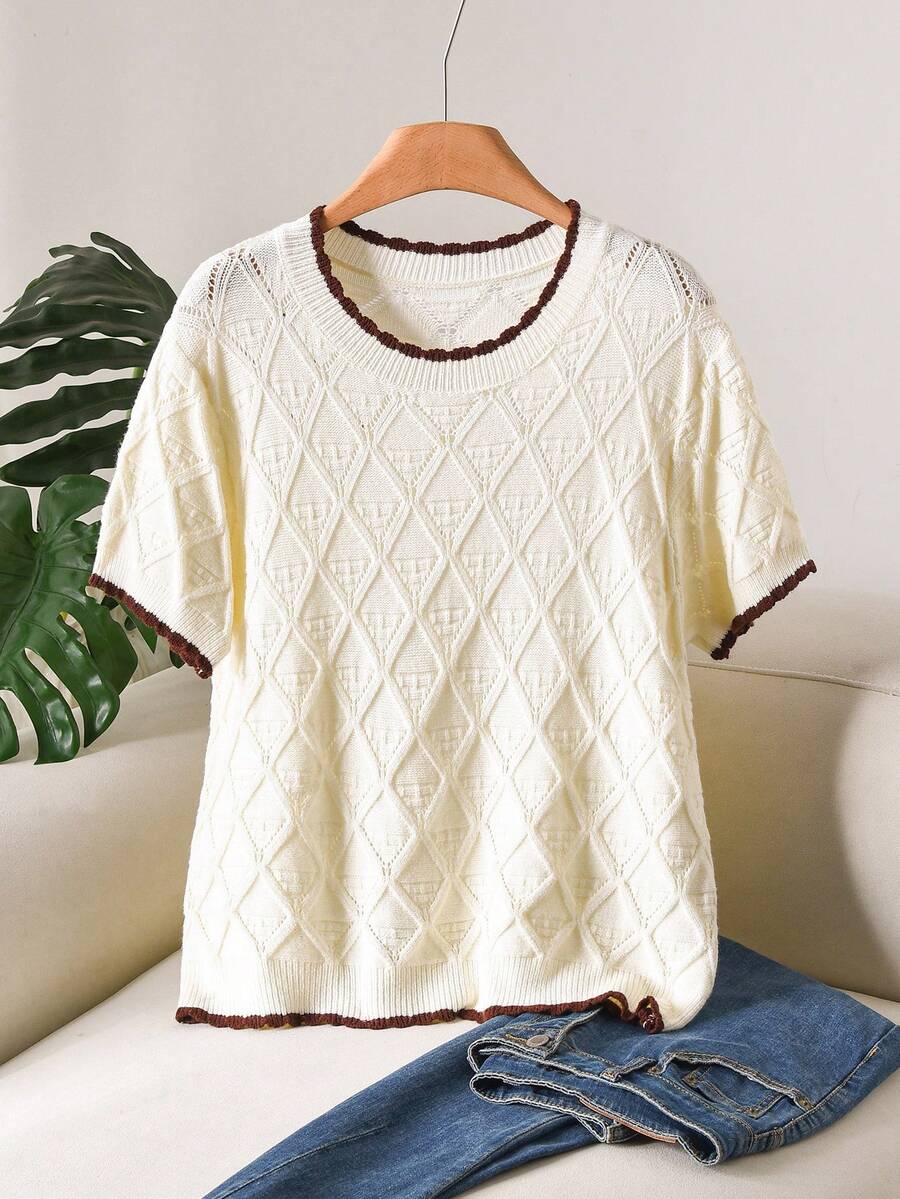 CosyJoli Plus Size Elegant French Casual Hollow-Out Knit Lightweight Color Block Pullover Top For Women - Apricot - View 1