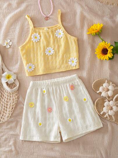 Sparklyn Tween Girl Vacation Casual 3D Floral Decor Camisole & Shorts Set