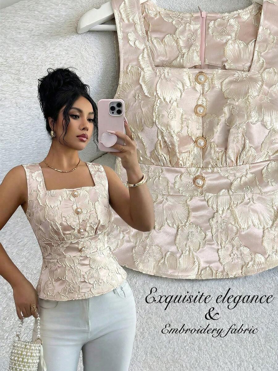 Elenzga 方领无袖上衣，饰有立体花卉刺绣，绿色珍珠纽扣闭合，优雅法式风格，收腰设计，适合工作和度假穿着。 - 粉色 - 查看 1