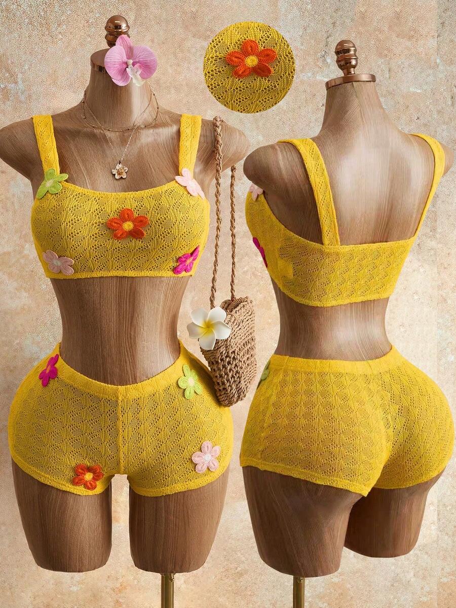 Mistrie 2026夏季新款不对称女式背心立体休闲花卉装饰针织休闲裤套装，饰有花卉图案，适合度假穿着。 - 黃色 - 查看 1