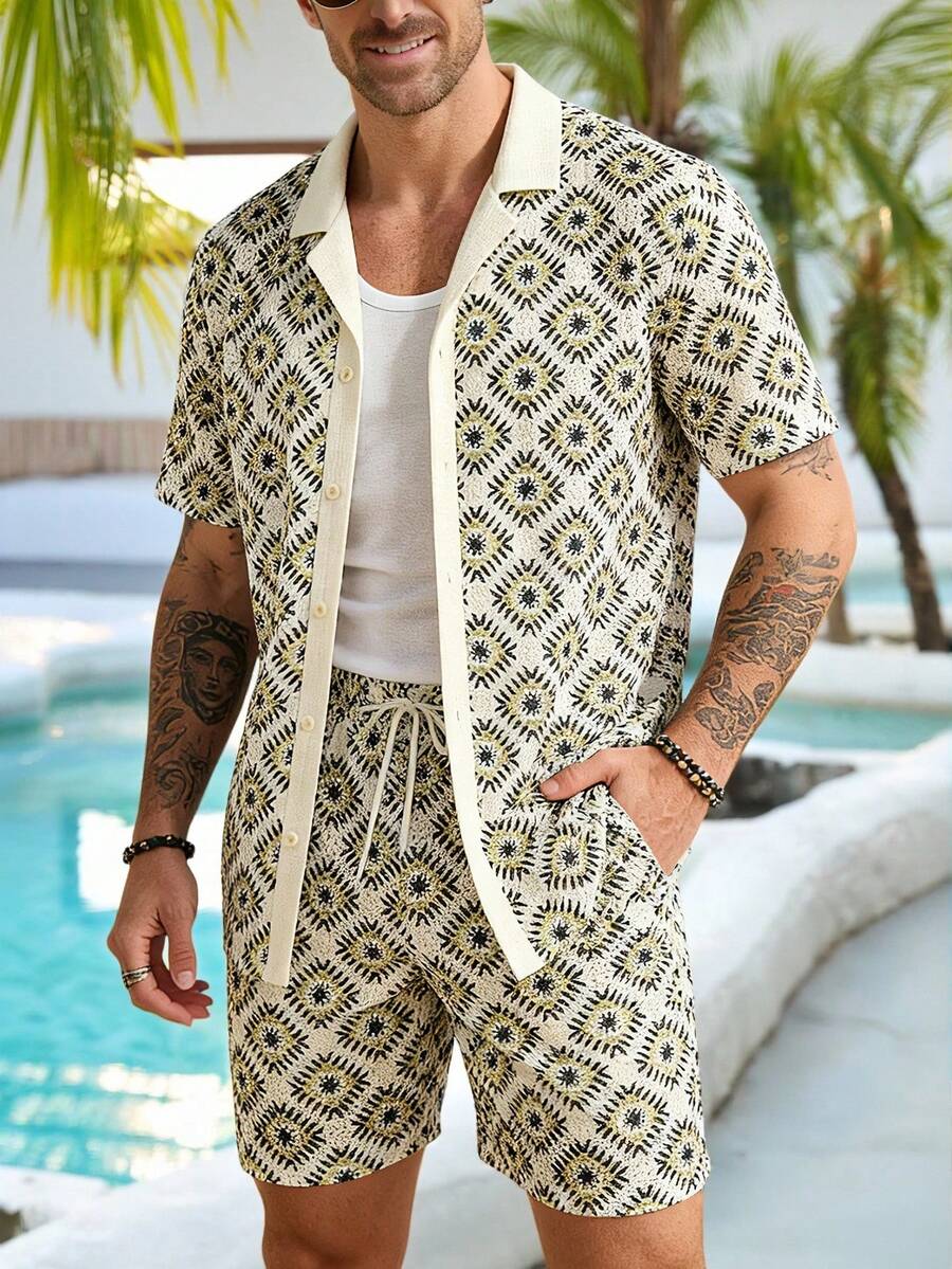 VENTUSAIL 男士针织菱格纹短袖衬衫和短裤套装 - 彩色 - 查看 1