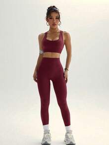 Dewbera 女士露脐背心和紧身裤运动套装 - 酒紅色 - 查看 3