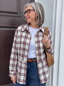 DAZY 复古格子宽松长袖收腰休闲度假女式衬衫，春夏款 - 棕色 - 查看 1