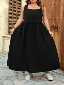 SHEIN CURVE+ Đầm dài dáng rộng màu đen bằng cotton có túi, size US22, thích hợp cho lễ hội âm nhạc, kỳ nghỉ bên bờ biển, phong cách Bohemia dành cho nữ. - màu đen - Xem 4