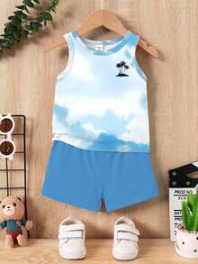 2pcs/Set Baby Boy Casual Tropical Holiday Coconut Tree Print Vest Top And Leaf Print Shorts Set Suitable For Outdoor Summer Vacation Baby Blue - Multicolor - View 4