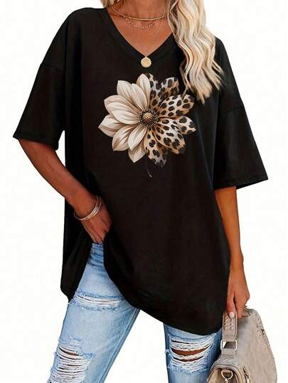 EMERY ROSE Large Floral Print V-Neck T-Shirt, Summer Casual V-Neck T-Shirt, Women's Daily Outfit