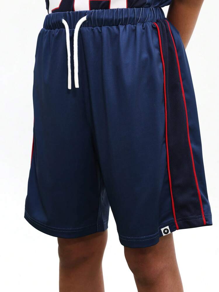Conjunto de Camiseta de Malha com Decote em V Marinho e Shorts Combinando com Estampa do Número EUA, Conjunto de Duas Peças Inspirado em Esportes Casuais de Verão