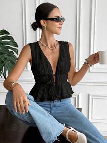 Serisse Women's Solid Color V-Neck Tie Front Casual Versatile Daily Wear Top,Summer Top - Black - View 3